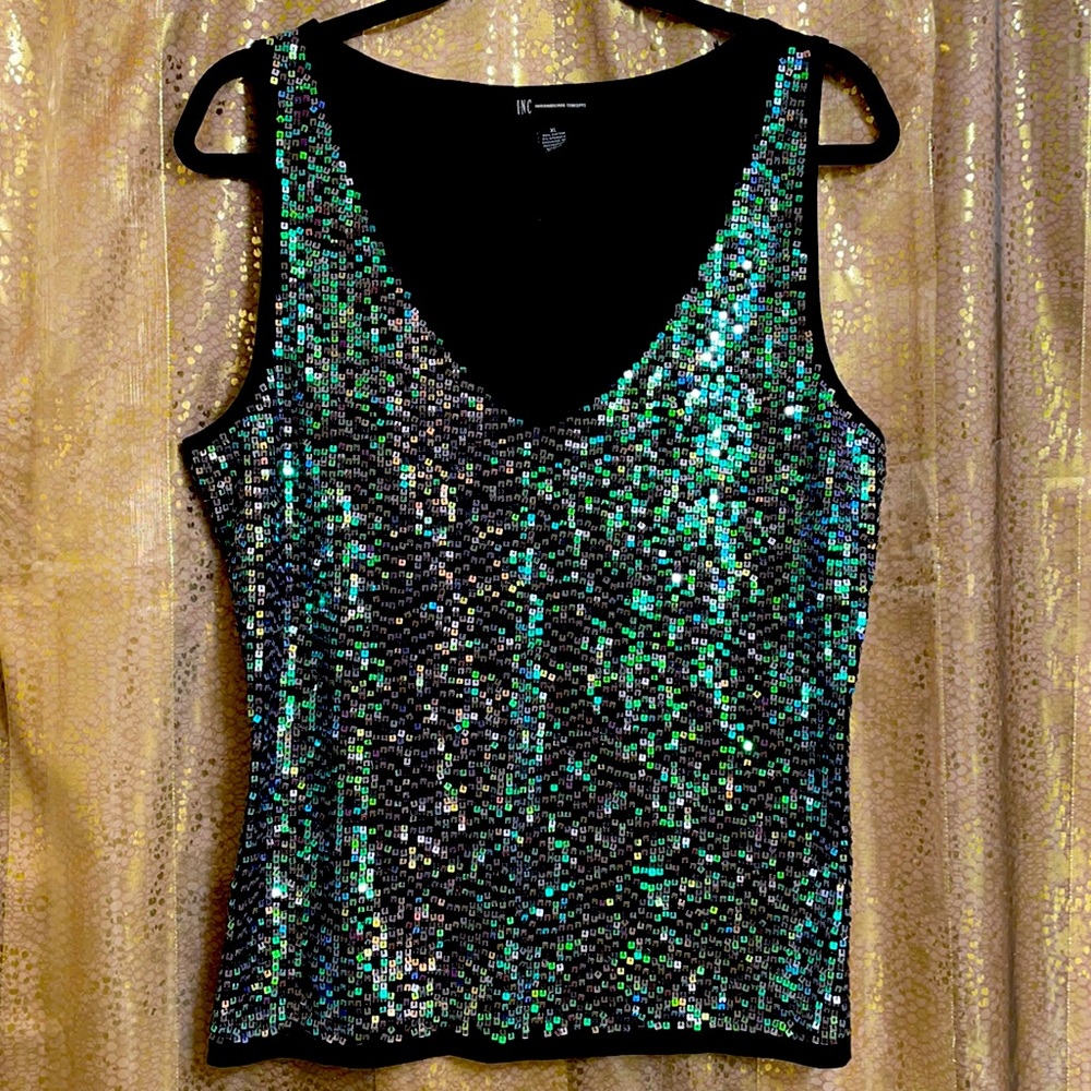 INC international Concepts color-shift mermaid sequin bling tank top, size XL